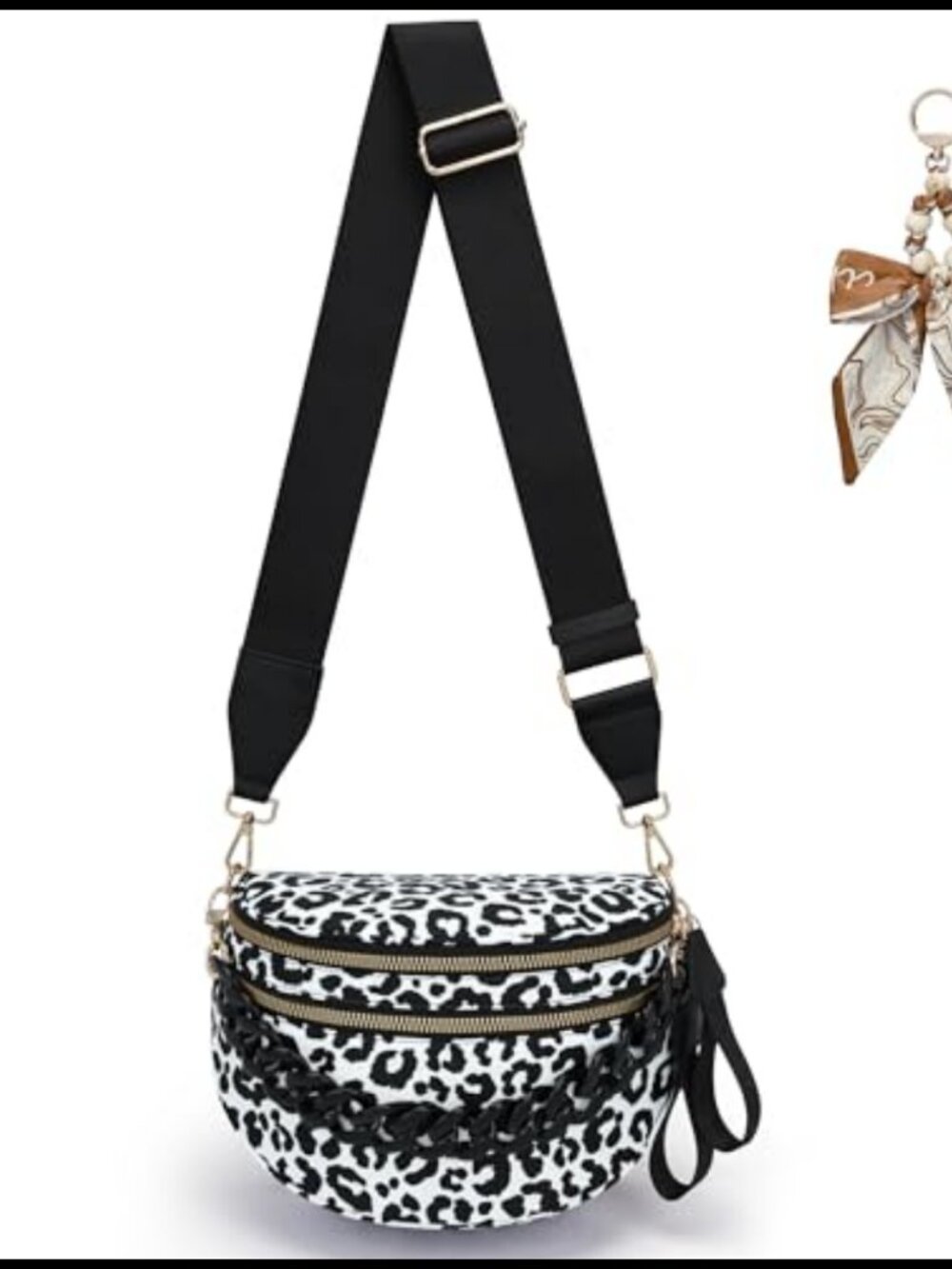 Nylon Leopard Crossbody Bag Fanny Pack Double Zip Belt Bag with Bow Chain
